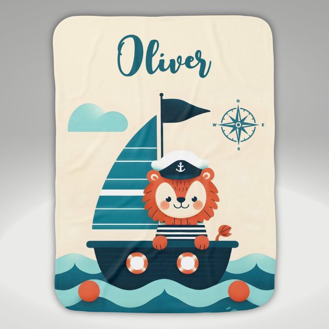 Cute Sailor Lion on Sailboat Baby Blanket (Creator Uploaded)