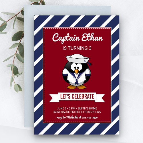 Cute Sailor Penguin Nautical Birthday Invitation