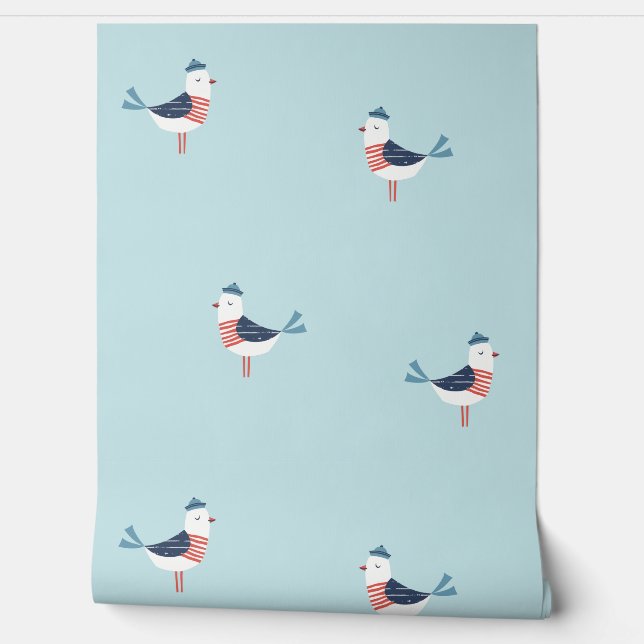Cute Sailor Seagulls on light blue Wallpaper (Unrolling)