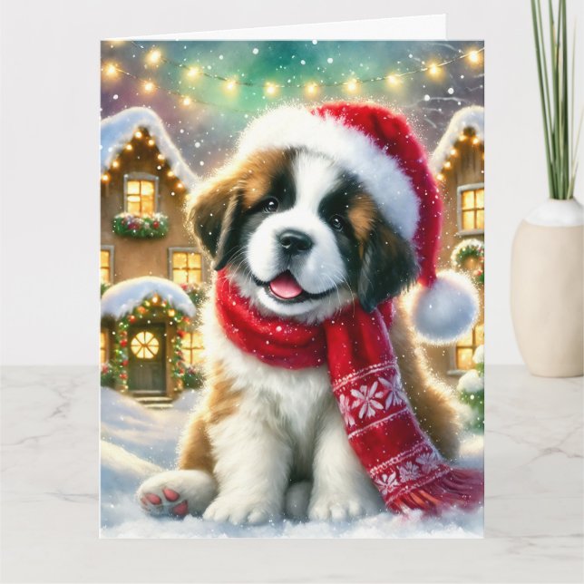 Cute Saint Bernard Puppy in Christmas Village Card (Front)