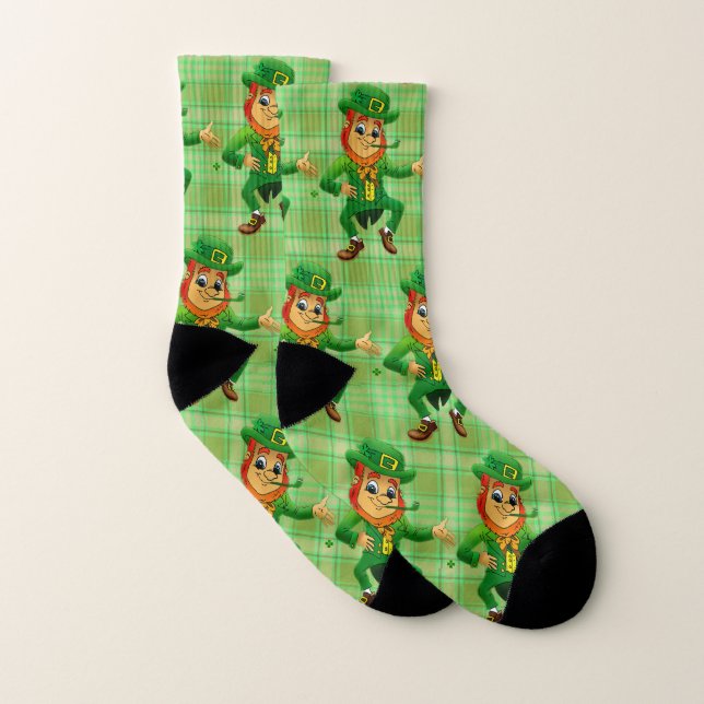 Cute Saint Patrick's Day Green Plaid Leprechaun Socks (Pair)