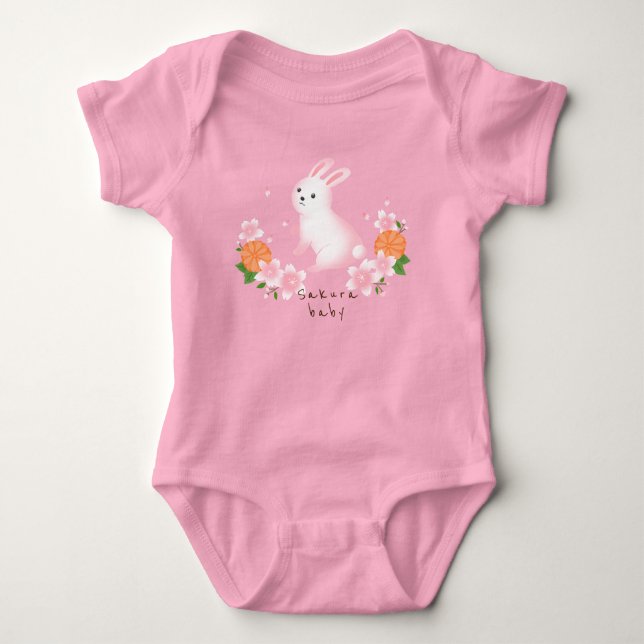 Cute Sakura and White Rabbit Pink Japanese Style c Baby Bodysuit (Front)