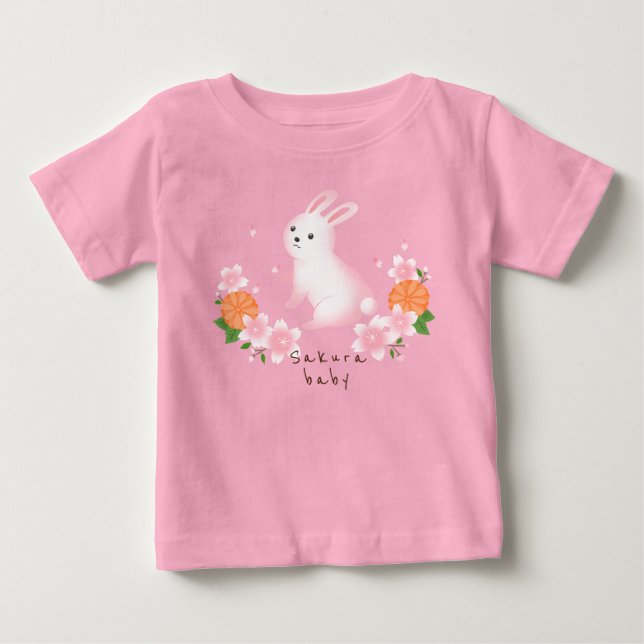 Cute Sakura and White Rabbit Pink Japanese Style c Baby T-Shirt (Front)