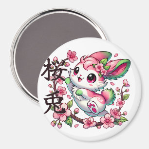 Cute Sakura Bunny Magnet with Japanese Brush Scrip