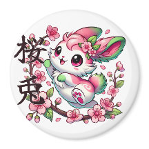 Cute Sakura Bunny Magnet with Japanese Brush Scrip