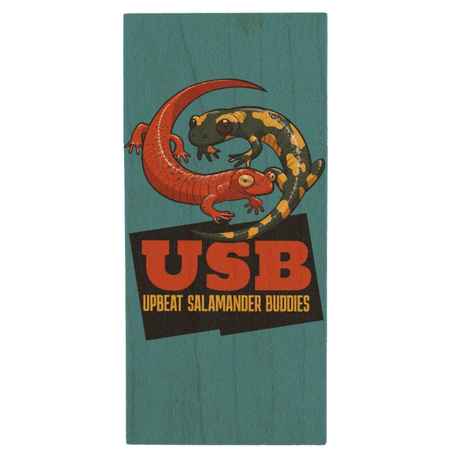 Cute Salamanders Upbeat Salamander Buddies Cartoon Wood Flash Drive (Front Vertical)