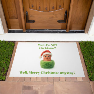 Cute salami surprised Christmas in fluffy green Doormat