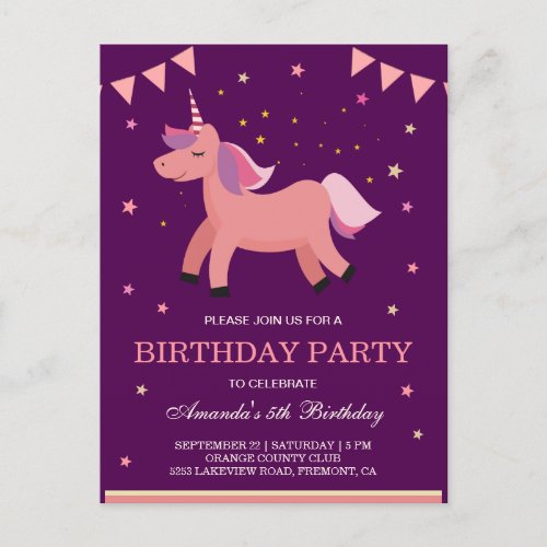 Cute Salmon Pink Magical Unicorn Birthday Party Invitation Postcard