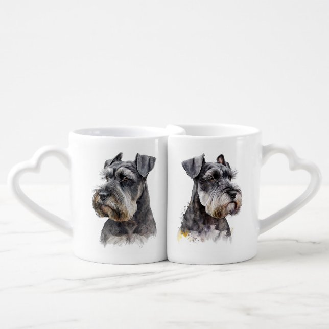 CUTE SALT AND PEPPER MINIATURE SCHNAUZER DOG COFFEE MUG SET (Front Nesting)