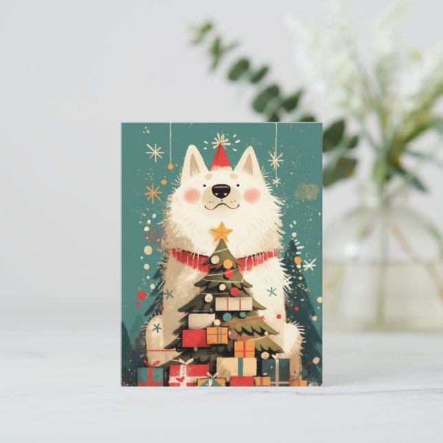 Cute Samoyed dog with Christmas Holiday Postcard (Standing Front)