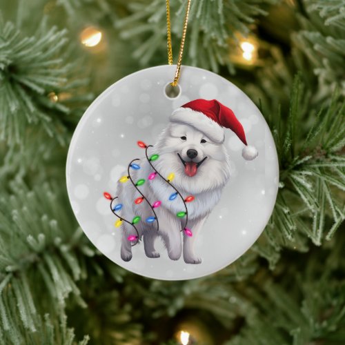 Cute Samoyed Dog Wrapped in Christmas Lights  Ceramic Ornament