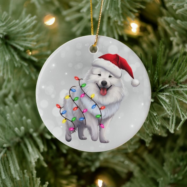 Cute Samoyed Dog Wrapped in Christmas Lights  Ceramic Ornament (Tree)
