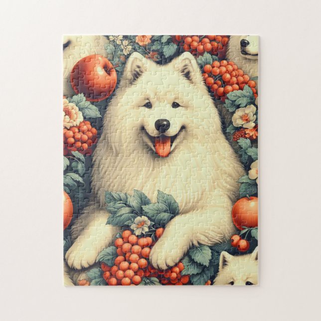 Cute Samoyed Floral Painting Jigsaw Puzzle (Vertical)