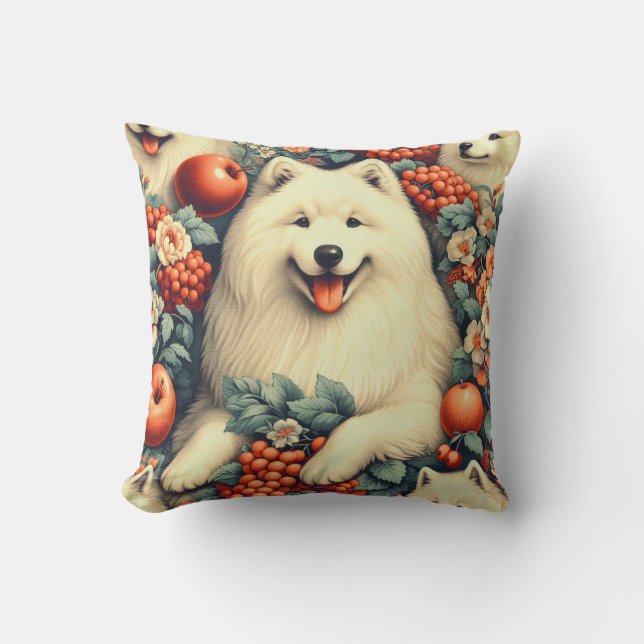 Cute Samoyed Floral Painting Throw Pillow (Front)