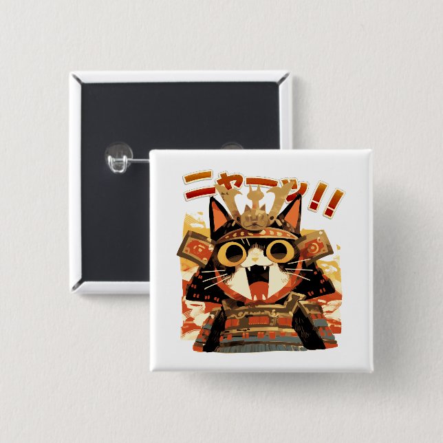 Cute Samurai Cat in Armor Button (Front & Back)
