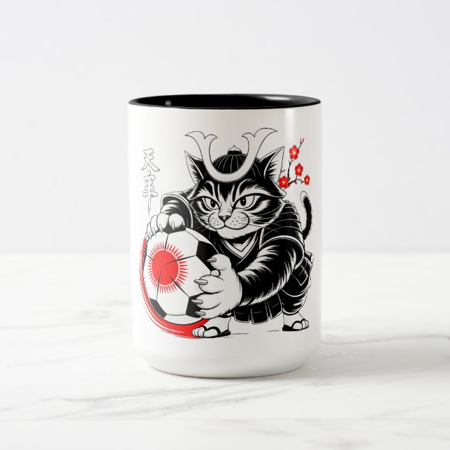 Cute Samurai Cat Soccer Gift for Japan Fans & Cat  Two-Tone Coffee Mug (Center)