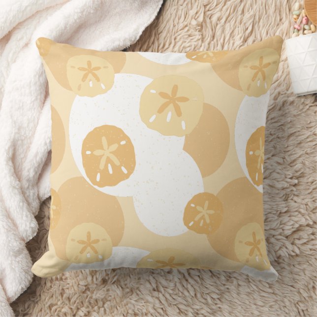 Cute Sand Dollar Coastal Print Beige White Pattern Throw Pillow (Blanket)