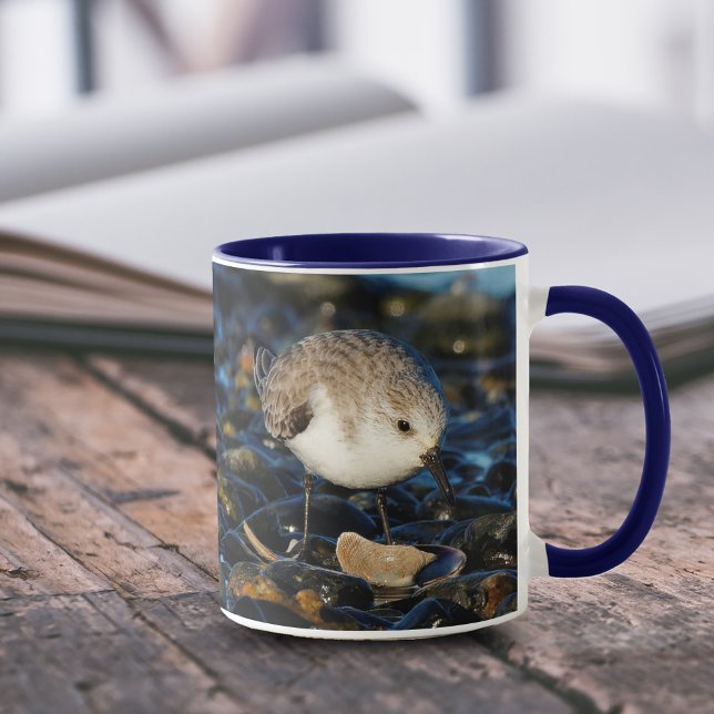 Cute Sanderling Enjoys Seafood Dining at the Beach Mug (Cute Sanderling Enjoys Seafood Dining 11 oz Coffee Mug Cover Photo.)