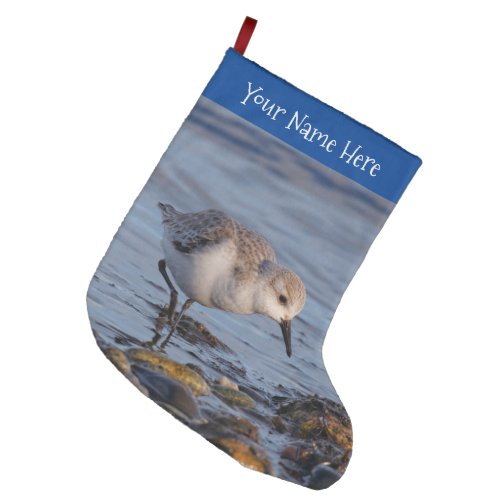 Cute Sanderling Sandpiper Strolling Wintry Shores Large Christmas Stocking