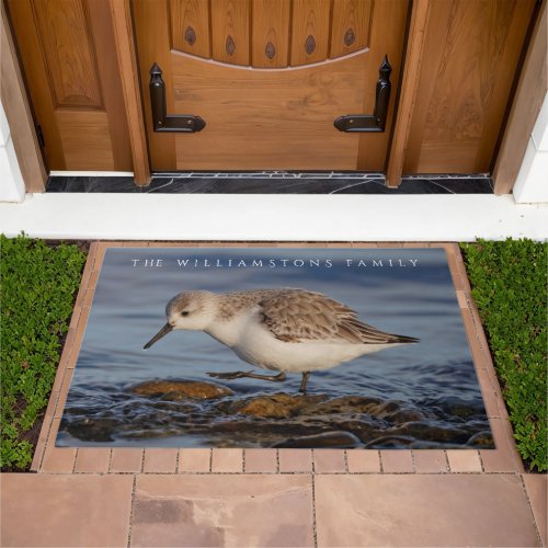 Cute Sanderling Sandpiper Strolls Wintry Shores Doormat