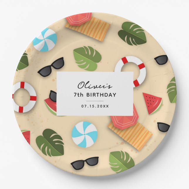 Cute Sandy Beach Summer Fun Birthday Party Paper Plates (Front)