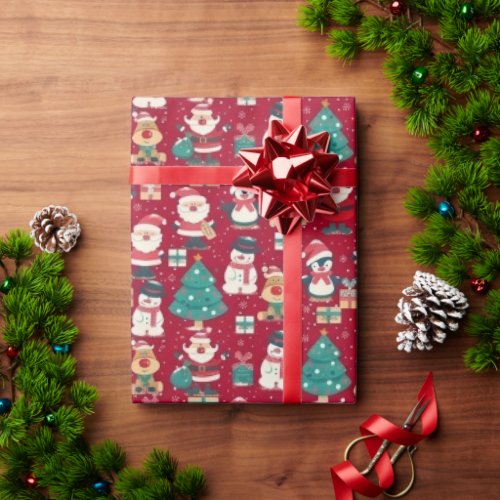 Cute Santa and Christmas Tree Red Wrapping  Paper