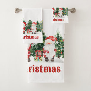 Cute Santa and Christmas Trees Watercolor Bath Towel Set