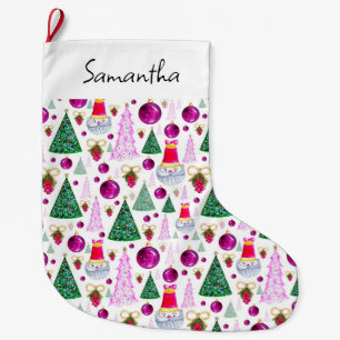 Cute Santa and Christmas Trees Watercolor Pattern Large Christmas Stocking