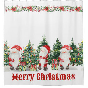 Cute Santa and Christmas Trees Watercolor Shower Curtain