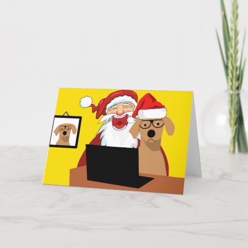 Cute Santa and Dog at Computer Christmas Card