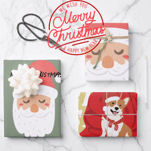 Cute Santa and funny Christmas dog Red and green Wrapping Paper Sheets