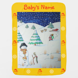cute santa and funny reindeer snow scene christmas baby blanket
