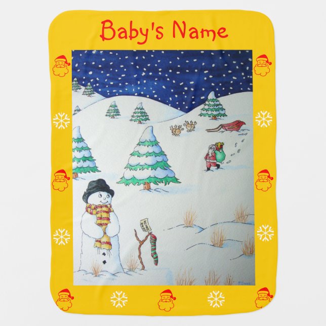 cute santa and funny reindeer snow scene christmas baby blanket (Front)