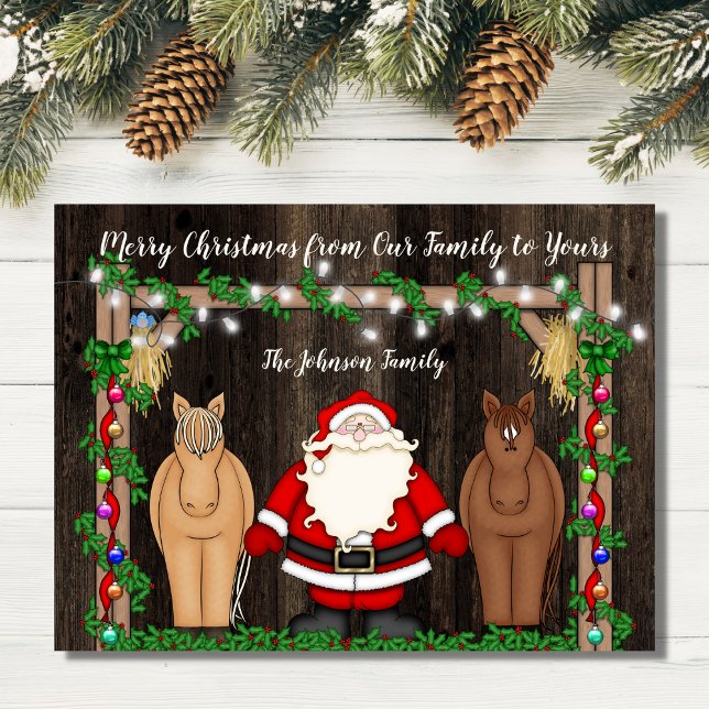 Cute Santa and Horses in Barn Merry Christmas Flat Holiday Card (Creator Uploaded)