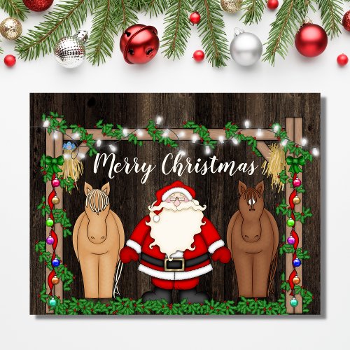 Cute Santa and Horses in Barn Merry Christmas Holiday Postcard