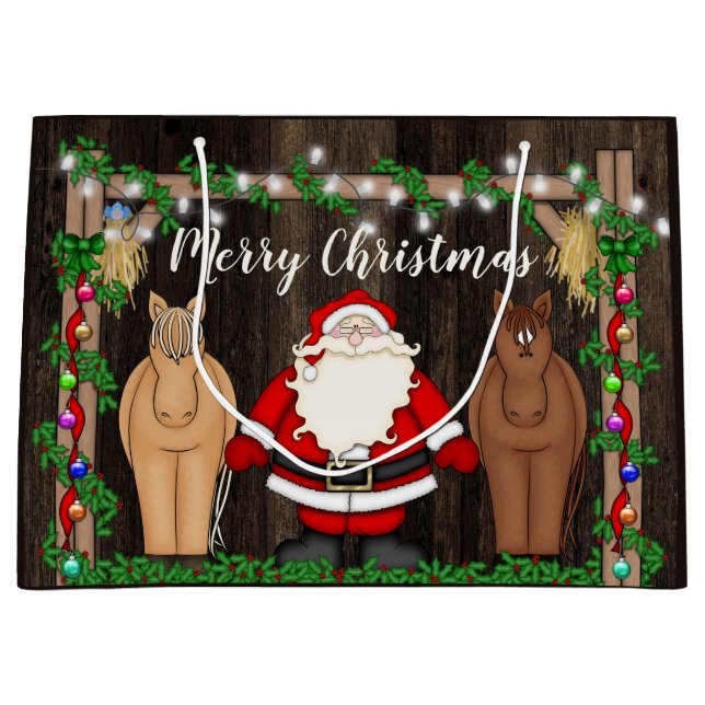 Cute Santa and Horses in Barn Merry Christmas  Large Gift Bag (Front)