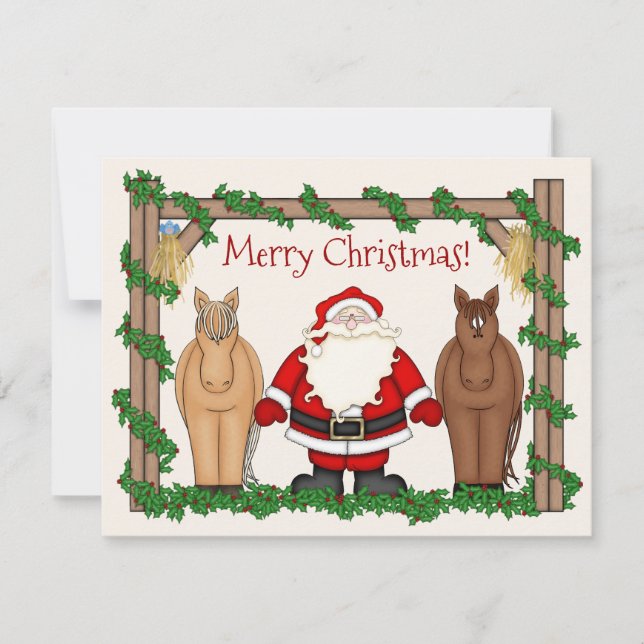 Cute Santa and Horses Merry Christmas Holiday Card (Front)
