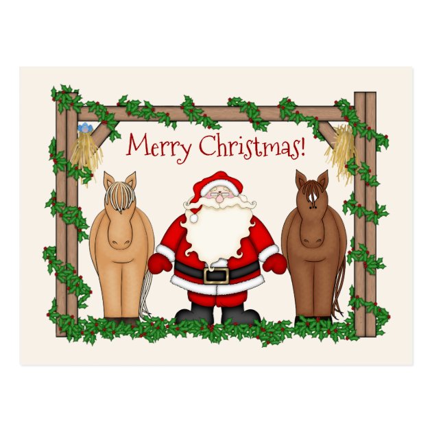 Cute Santa And Horses Merry Christmas Holiday Postcard