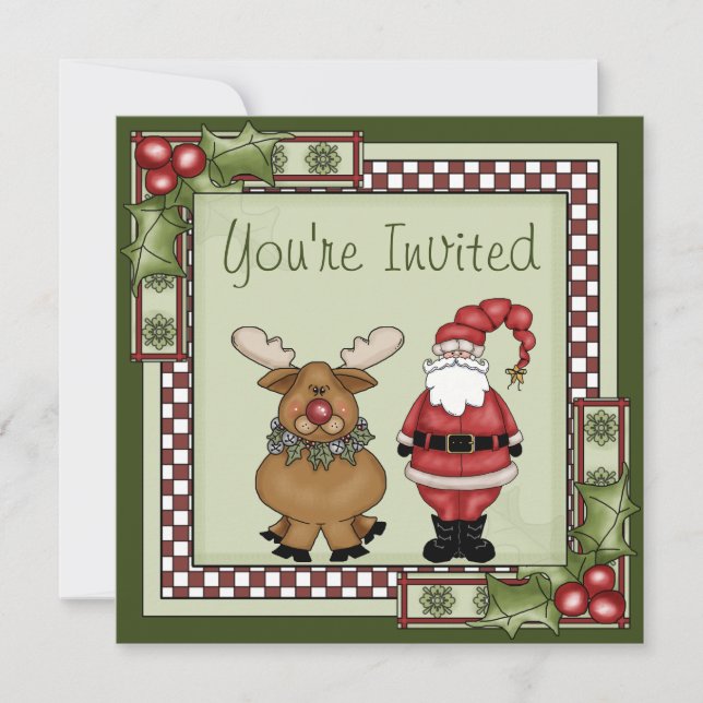 Cute Santa and Reindeer Christmas Holiday Party Invitation (Front)