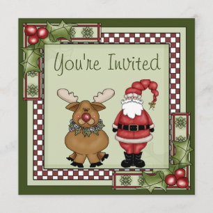 Cute Santa and Reindeer Christmas Holiday Party Invitation