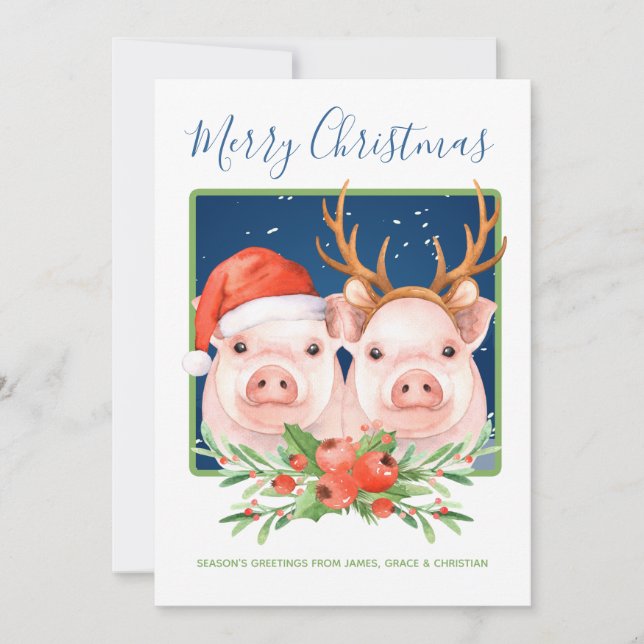 Cute Santa and Reindeer Christmas Pig Couple Holiday Card (Front)