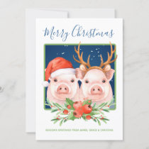 Cute Santa and Reindeer Christmas Pig Couple Holiday Card