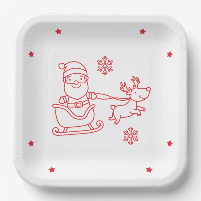 Cute Santa and Reindeer Christmas square Paper Plates (Front)