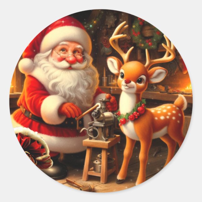 Cute Santa and Reindeer  Classic Round Sticker (Front)