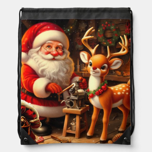 Cute Santa and Reindeer  Drawstring Bag (Front)