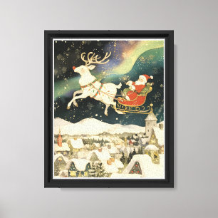 Cute Santa and Reindeer Flying Over Snowy Village Canvas Print