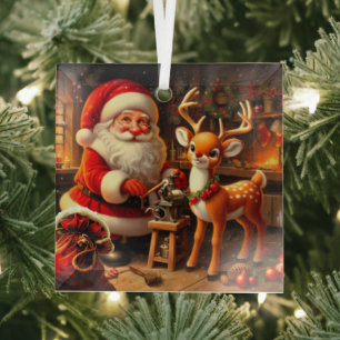 Cute Santa and Reindeer  Glass Ornament