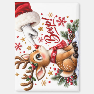 Cute Santa And Reindeer Nose Boop Christmas Magnet