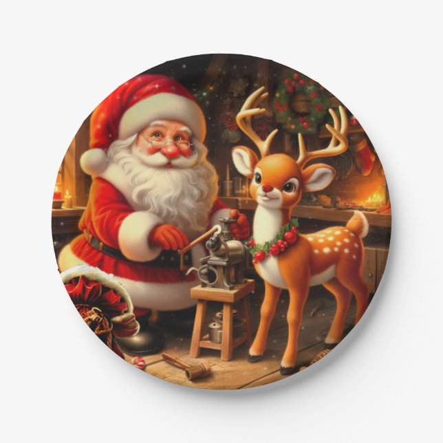 Cute Santa and Reindeer  Paper Plates (Front)
