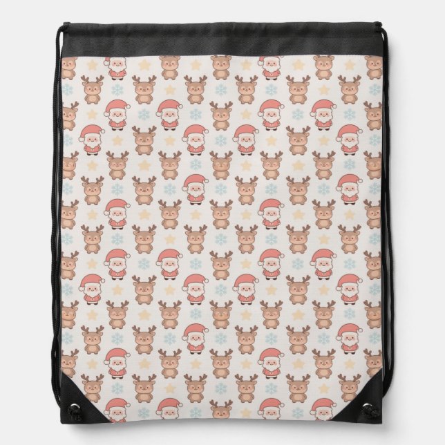 Cute Santa and Reindeer Pattern Drawstring Bag (Front)